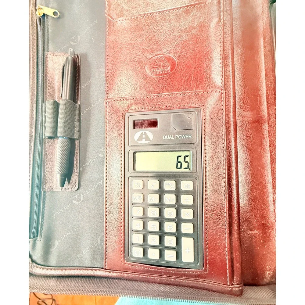 Avenues America Leather Zip Portfolio Binder Calculator Organizer Burgundy